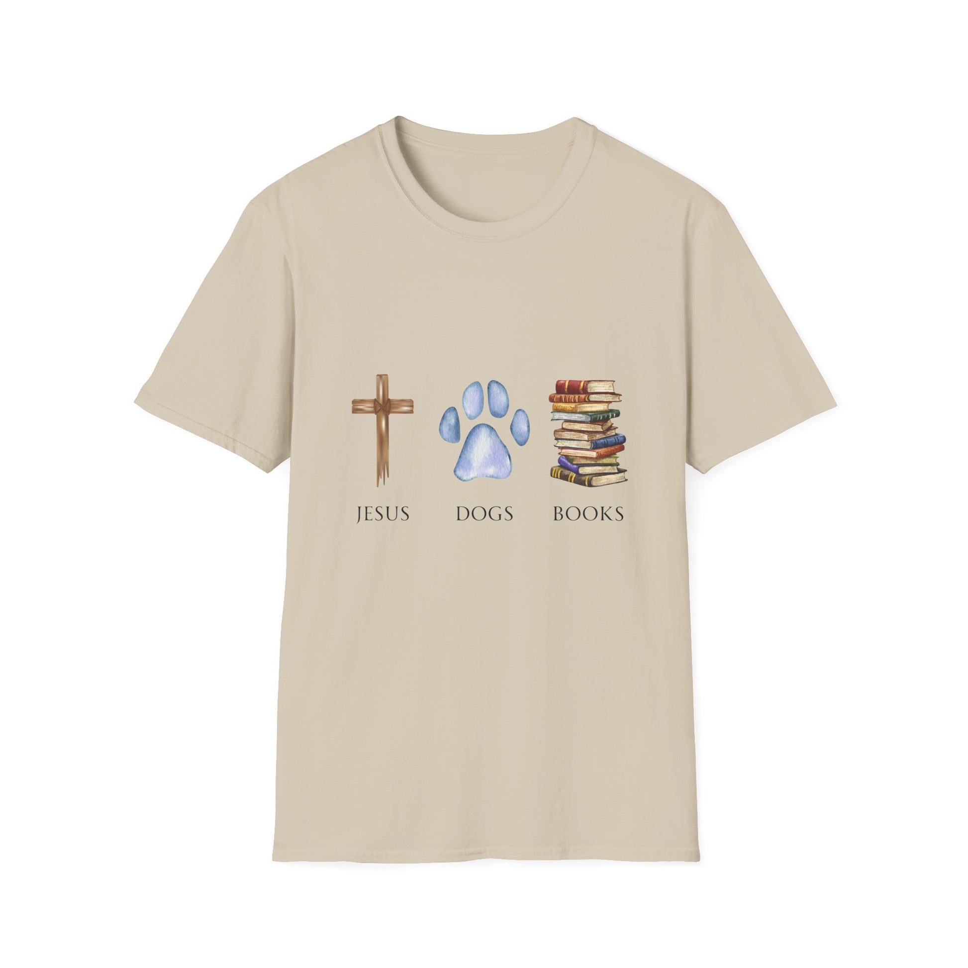 A person wearing a gray unisex t-shirt with graphics of a cross, a dog paw, and a stack of books, standing in a library setting.