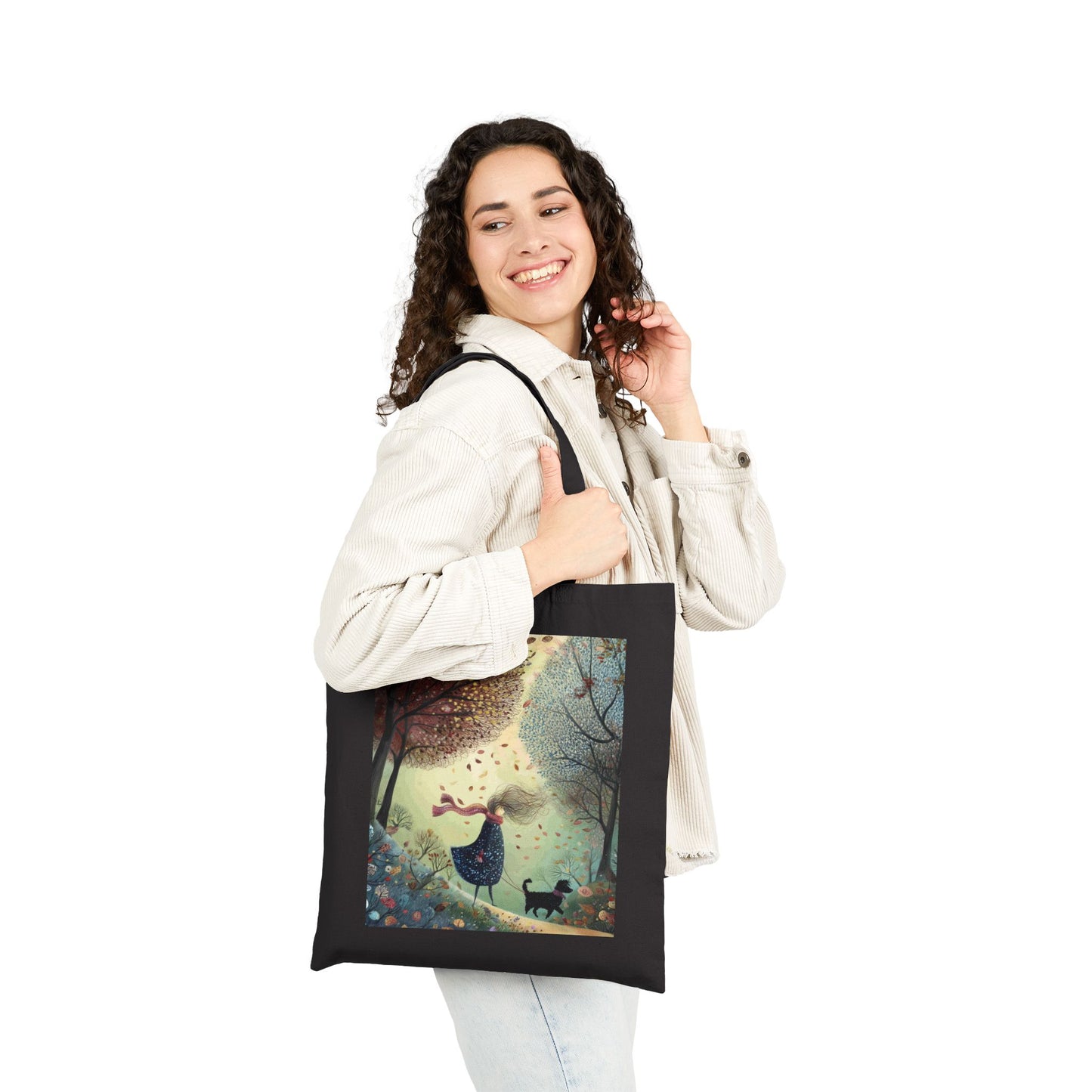 Autumn Serenity Tote Bag, Whimsical Windy Day with Girl & Dog, Fall Forest Illustration Carryall, Cozy Seasonal Market Bag