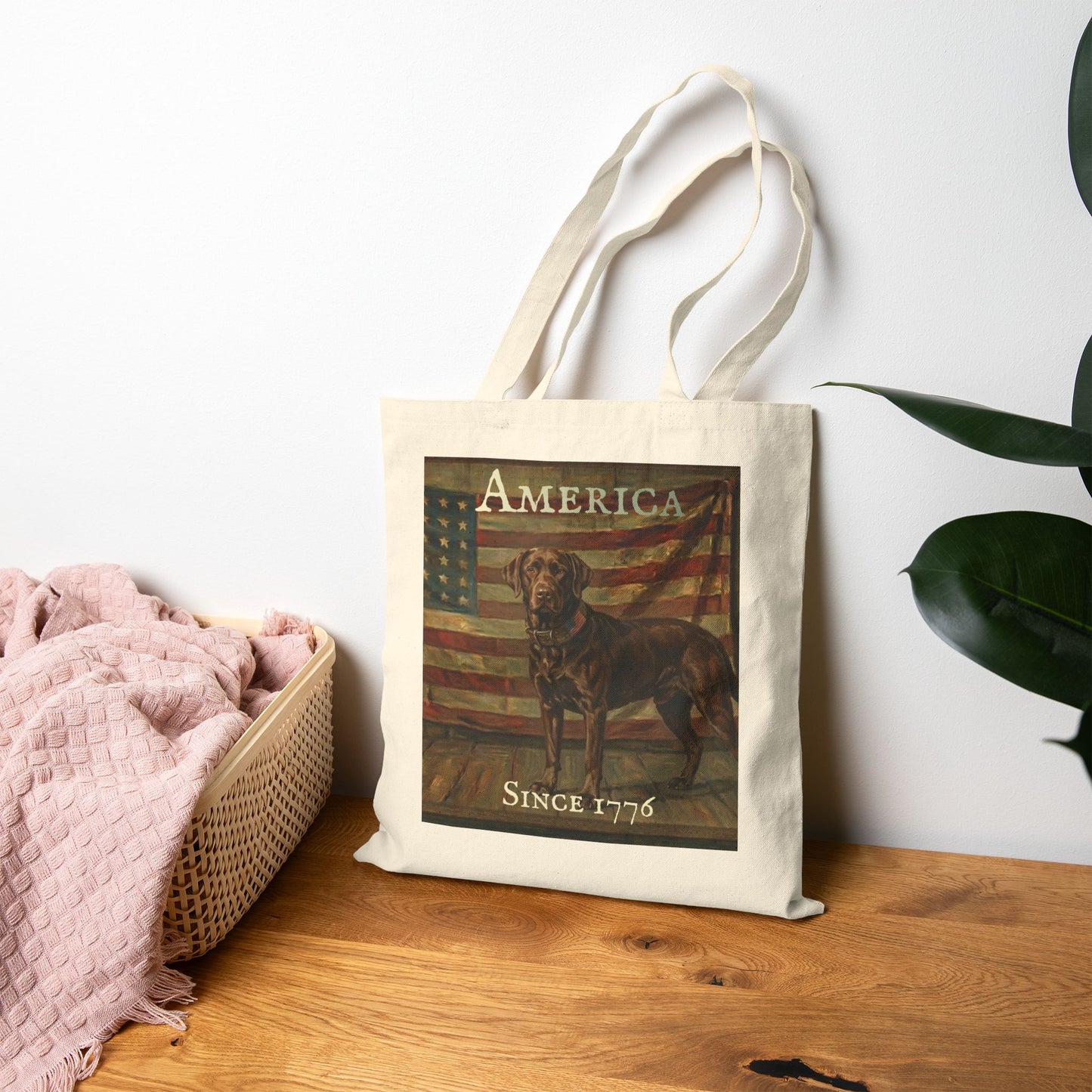 Tote Bag - "America Since 1776" Patriotic American Flag & Dog Canvas Tote - Chocolate Labrador Retriever