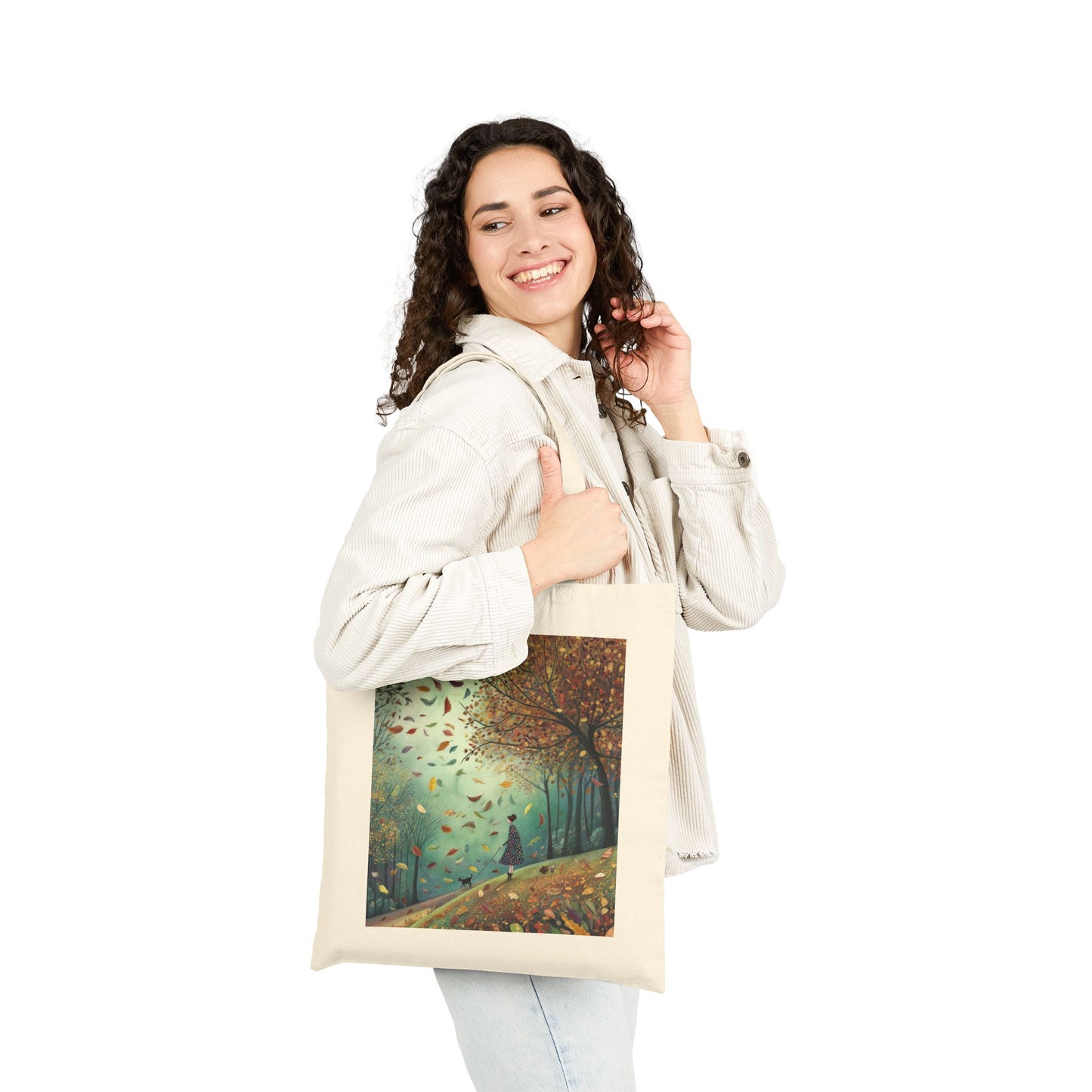 Autumn Serenity Tote Bag, Whimsical Windy Day with Girl & Dog, Fall Forest Illustration Carryall, Cozy Seasonal Market Bag