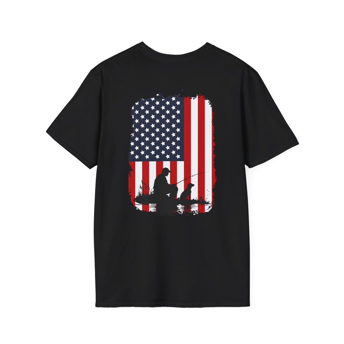 A person wearing a black American flag fishing dog t-shirt with the back showing a graphic print of an American flag and a silhouette of a dog.