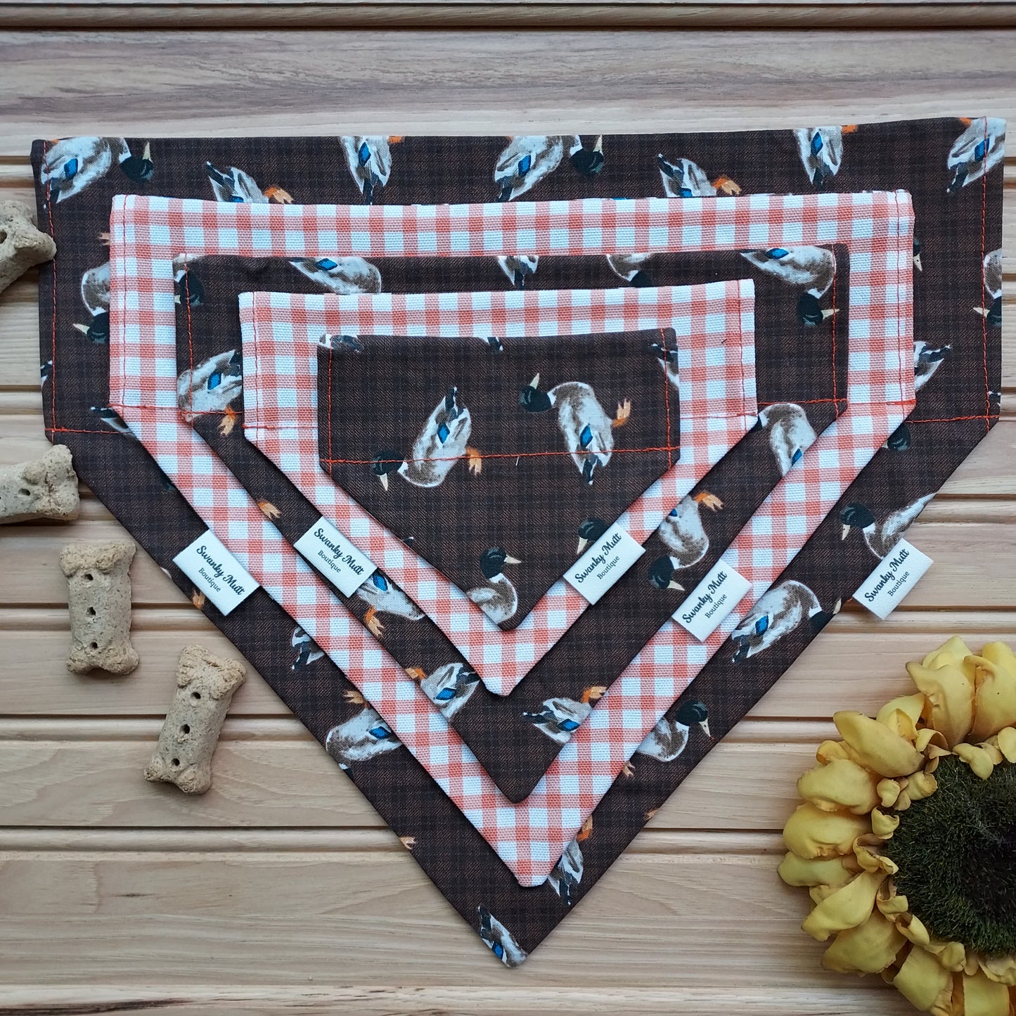 Dog Bandana - Reversible Slide-Over The Collar - Mallard Duck w/ Orange Check