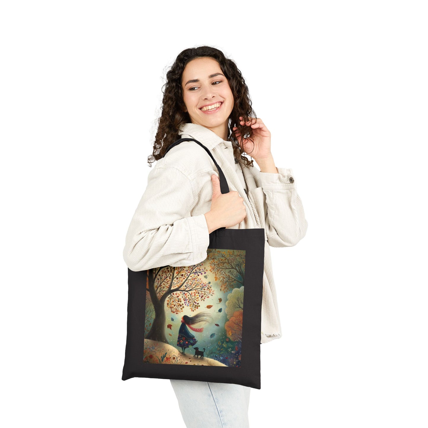 Autumn Serenity Tote Bag, Whimsical Windy Day with Girl & Dog, Fall Forest Illustration Carryall, Cozy Seasonal Market Bag