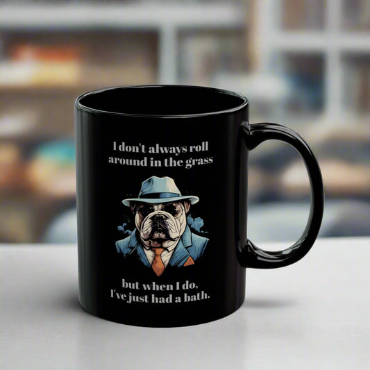 Black mug with a dog illustration and humorous text