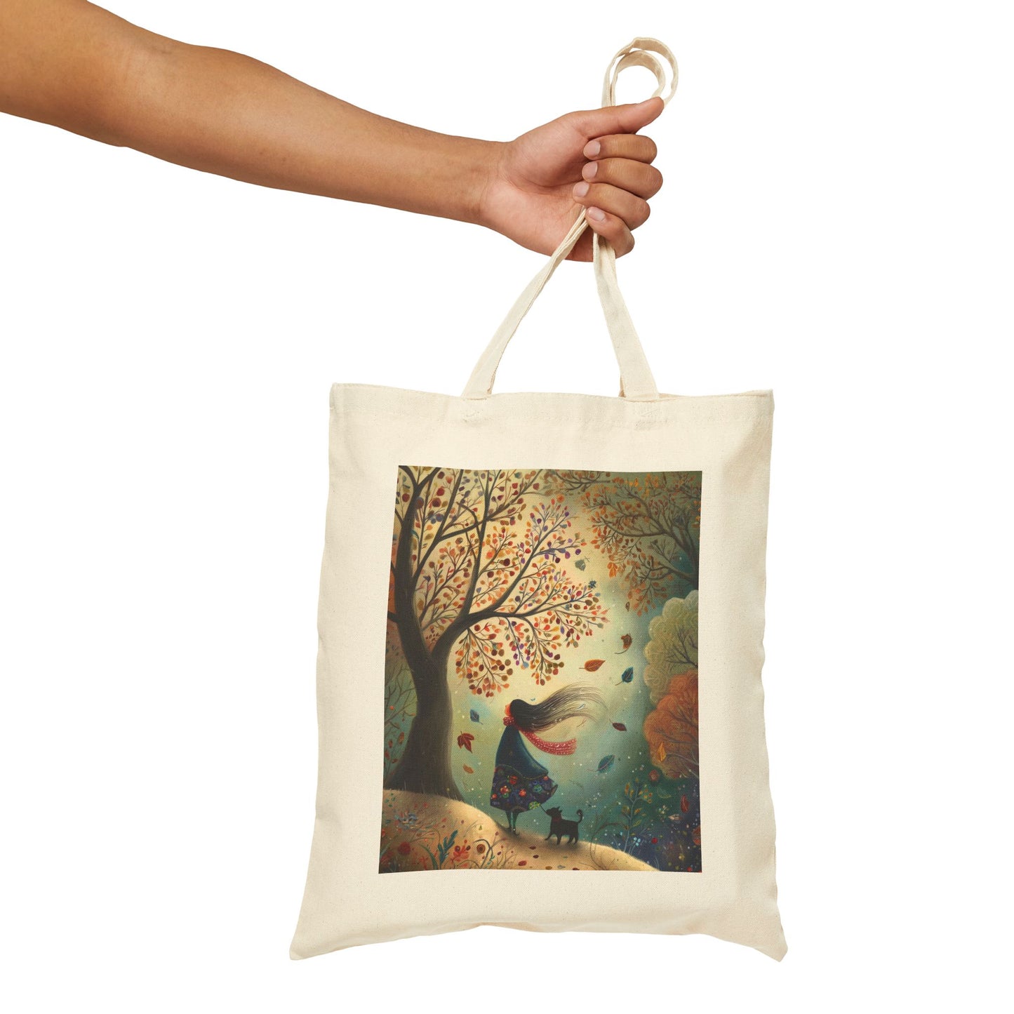 Autumn Serenity Tote Bag, Whimsical Windy Day with Girl & Dog, Fall Forest Illustration Carryall, Cozy Seasonal Market Bag