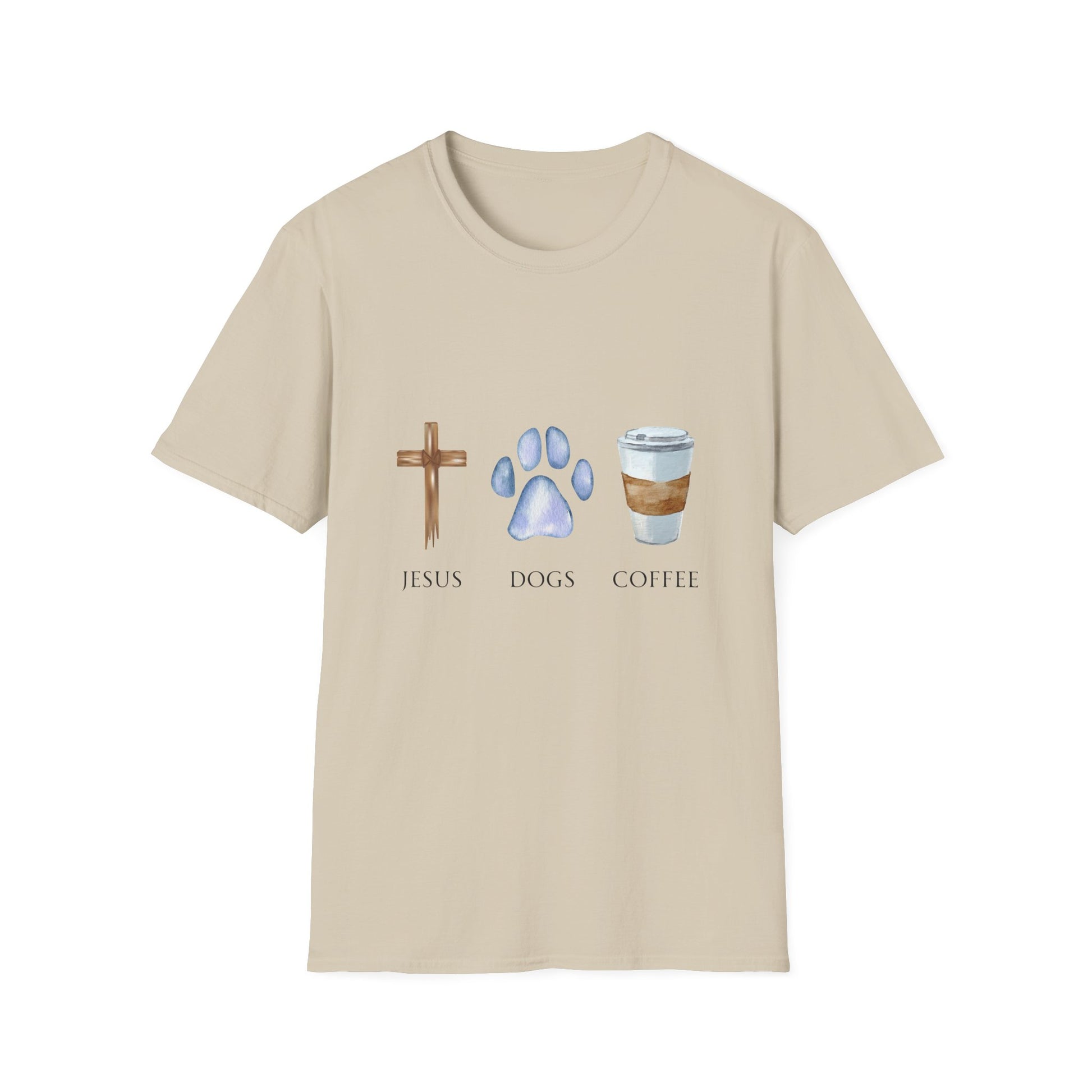 A woman wearing a gray unisex t-shirt with graphics of a cross, a dog paw, and a coffee cup, and the text 'Jesus, Dogs, Coffee' on it.