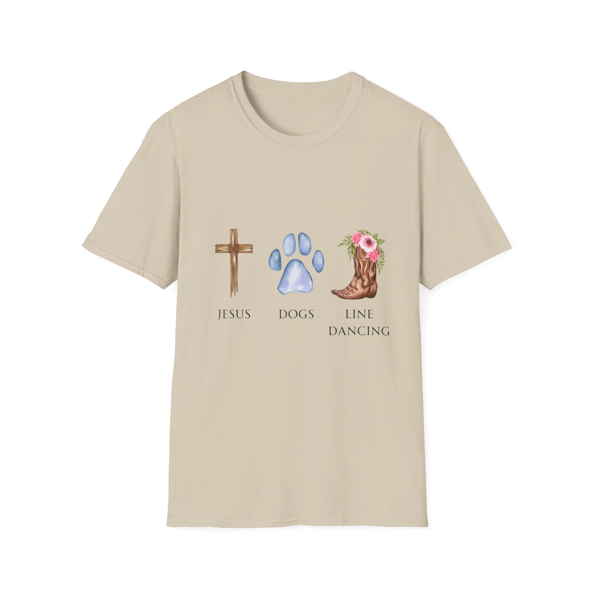 A woman wearing a light blue unisex t-shirt with text and graphics related to Jesus, dogs, and line dancing.