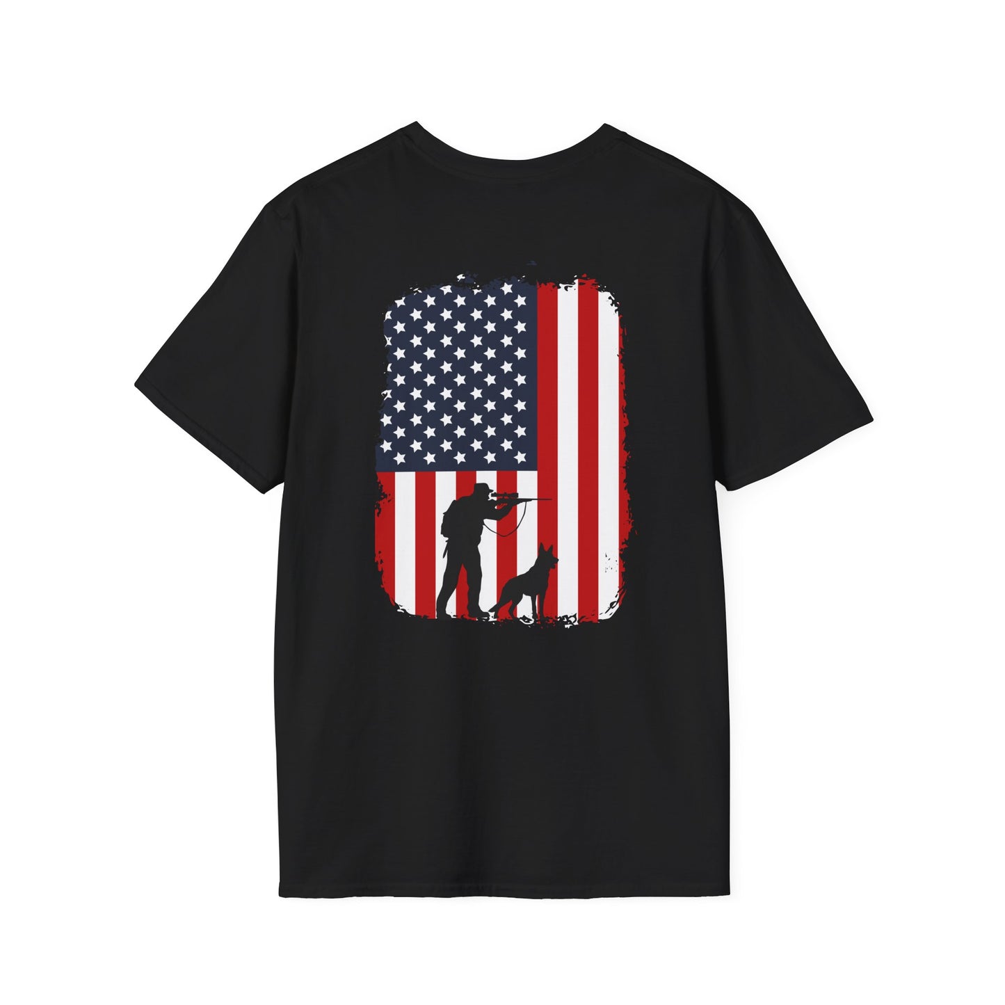 A person wearing a black American Flag Military Dog T-Shirt with a graphic on the back showing an American flag and a silhouette of a dog and a person.