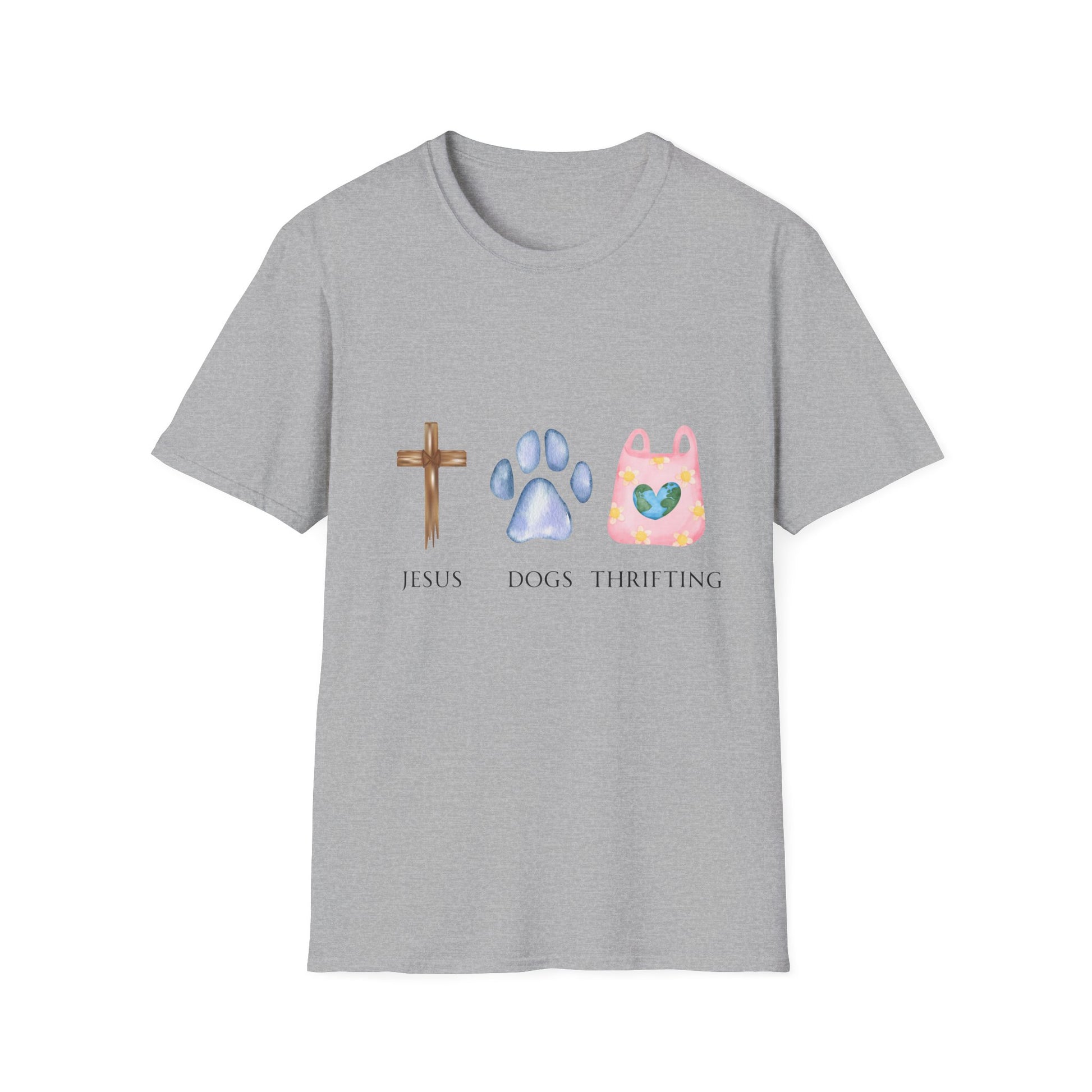 A woman standing in front of a Thrift store wearing a gray t-shirt with text and graphics related to Jesus, dogs, and thrifting.