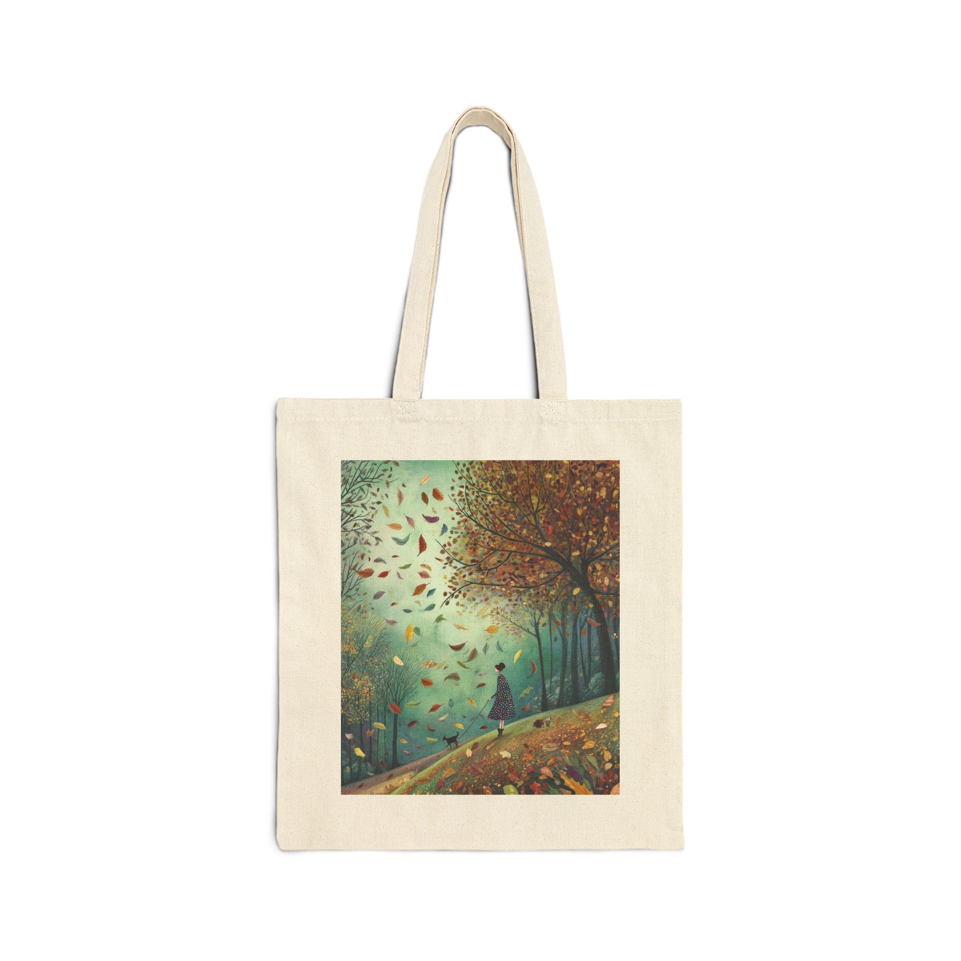 Girl and Dog walking in a whimsical autumn forest with swirling leaves