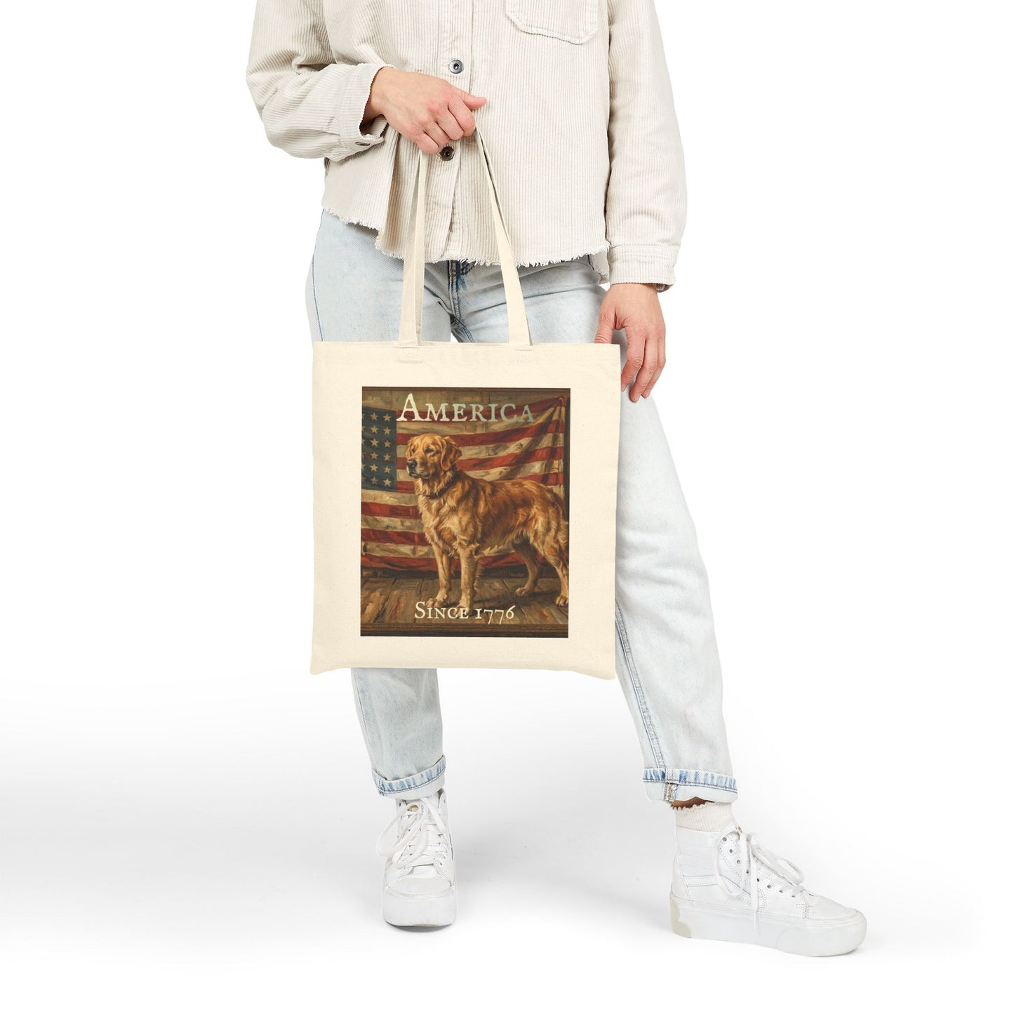 Tote Bag - 'America Since 1776' Patriotic American Flag & Dog Canvas Tote - Golden Retriever