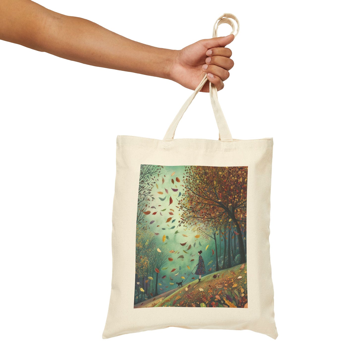 Autumn Serenity Tote Bag, Whimsical Windy Day with Girl & Dog, Fall Forest Illustration Carryall, Cozy Seasonal Market Bag