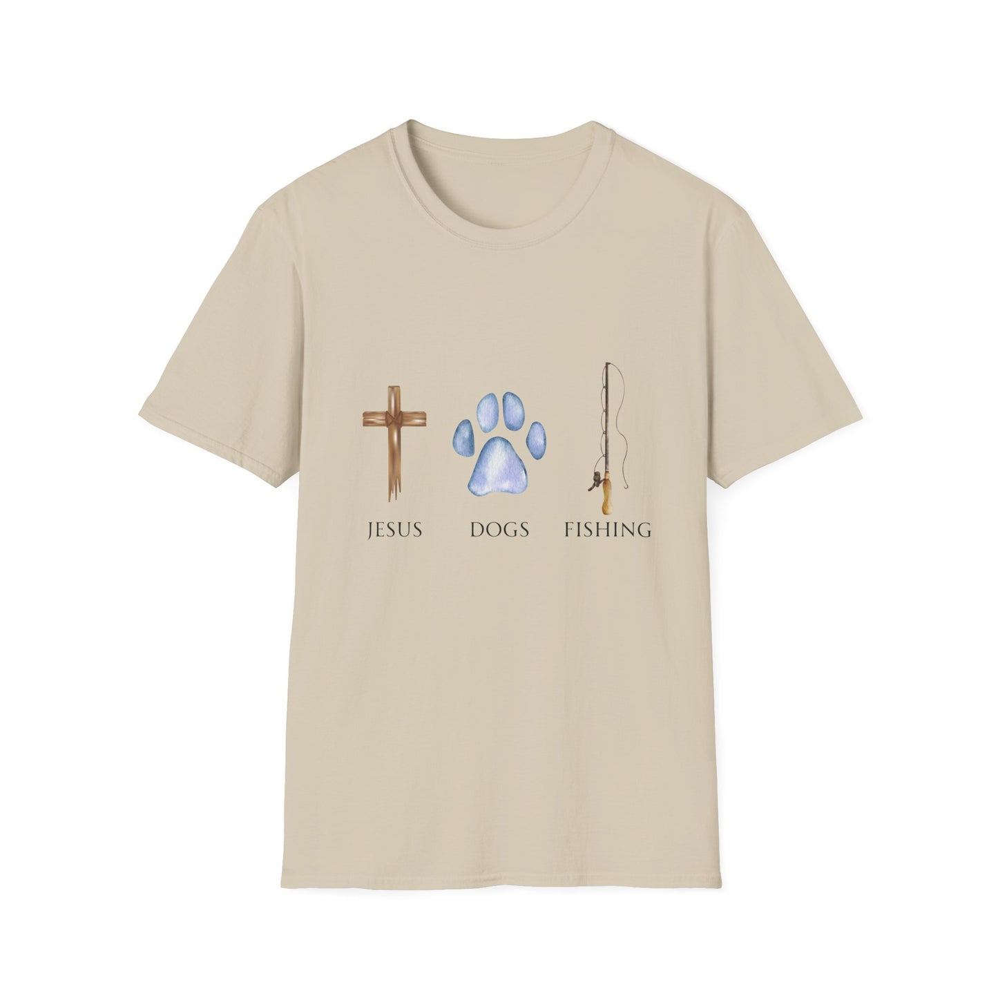 A person wearing a gray unisex t-shirt with text and graphics related to Jesus, dogs, and fishing.