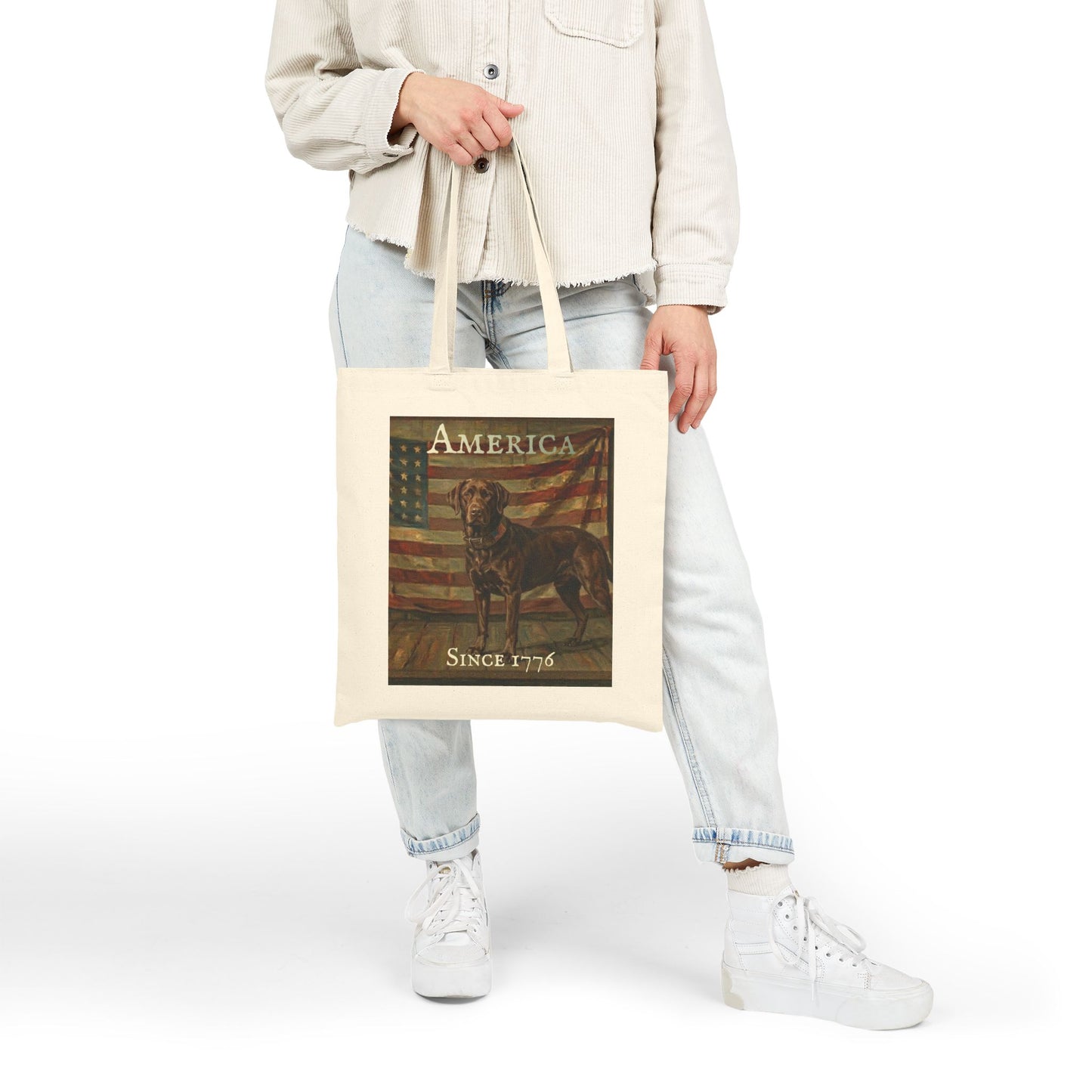 Tote Bag - "America Since 1776" Patriotic American Flag & Dog Canvas Tote - Chocolate Labrador Retriever