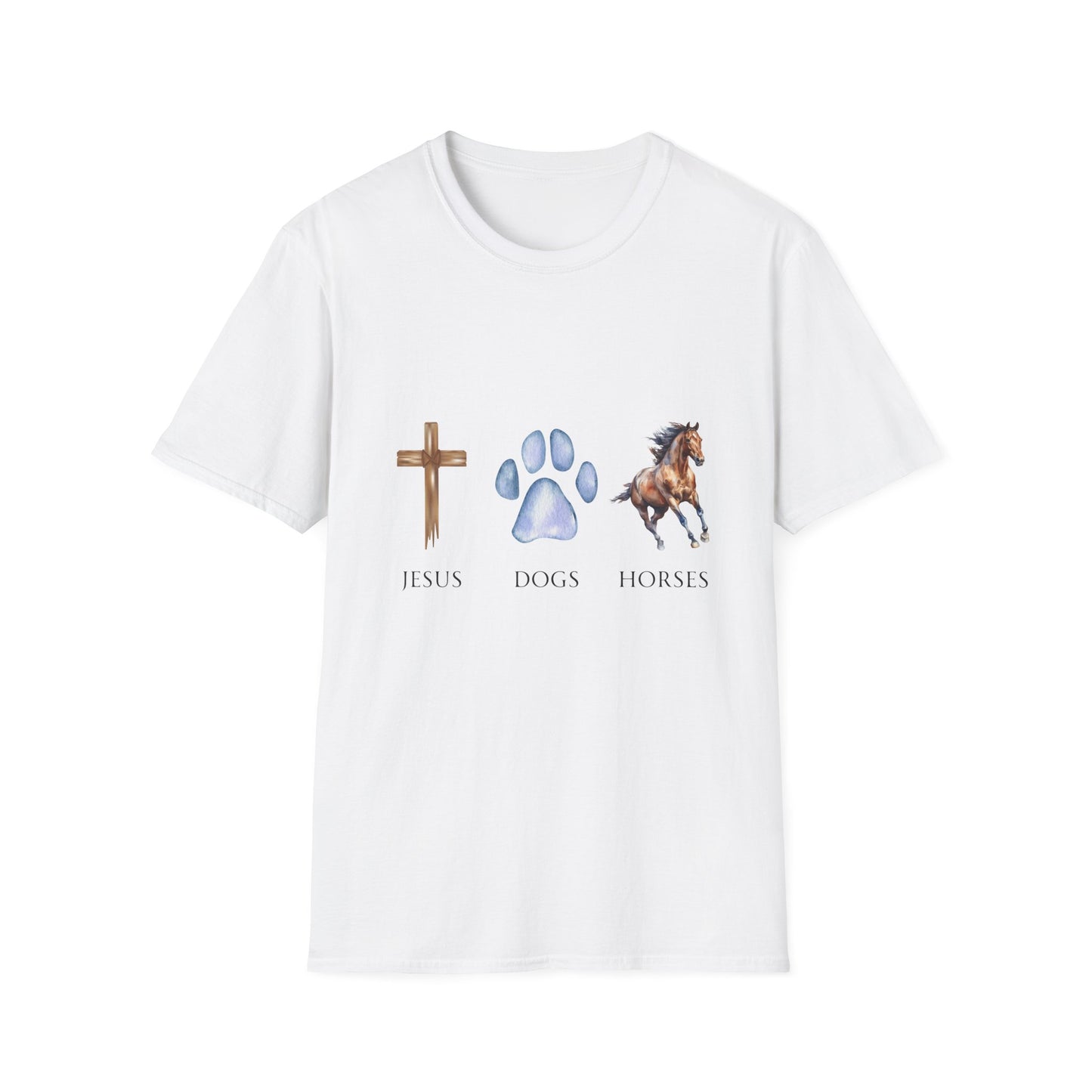Jesus, Dogs & Horses Unisex T-Shirt, Christian Dog Lover Shirt, Faith & Dogs Graphic Tee, Gift for Dog Moms & Dog Dads