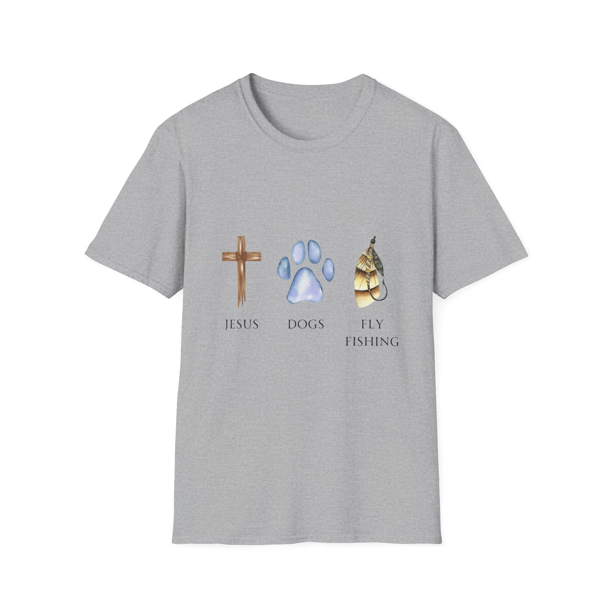 A man wearing a gray unisex t-shirt with graphics of a cross, a dog paw, and a fishing fly, standing by a river with fishing equipment.