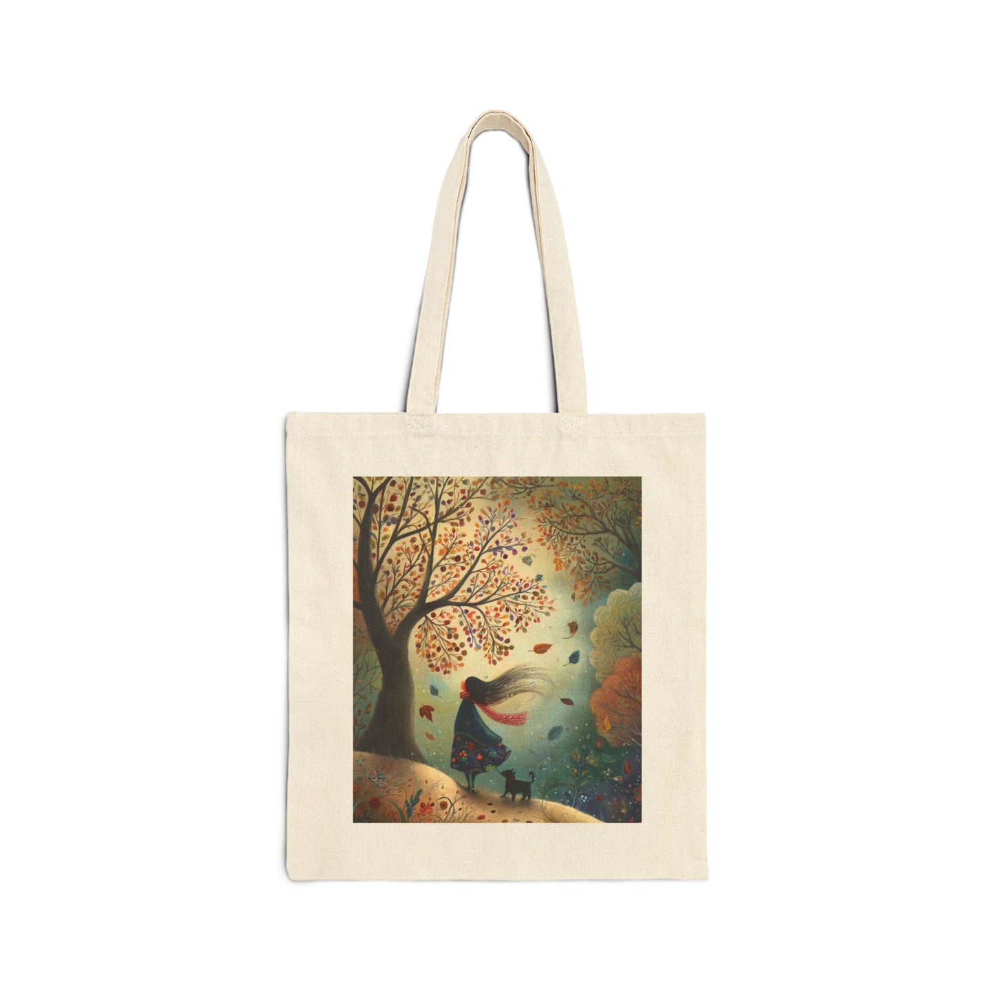 Autumn Serenity Tote Bag, Whimsical Windy Day with Girl & Dog, Fall Forest Illustration Carryall, Cozy Seasonal Market Bag