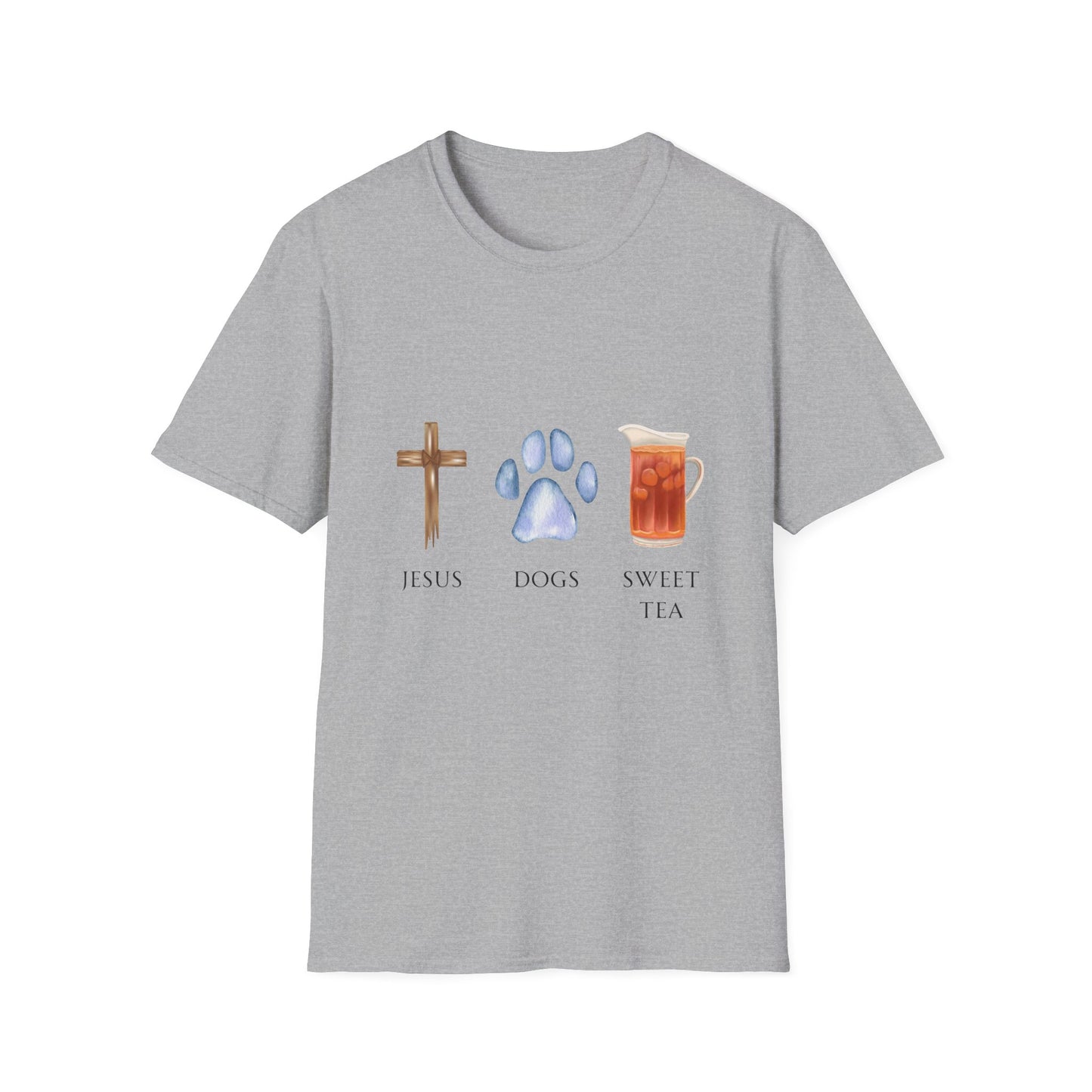 Jesus, Dogs & Sweet Tea Unisex T-Shirt, Christian Dog Lover Shirt, Faith & Dogs Graphic Tee, Gift for Dog Moms & Dog Dads