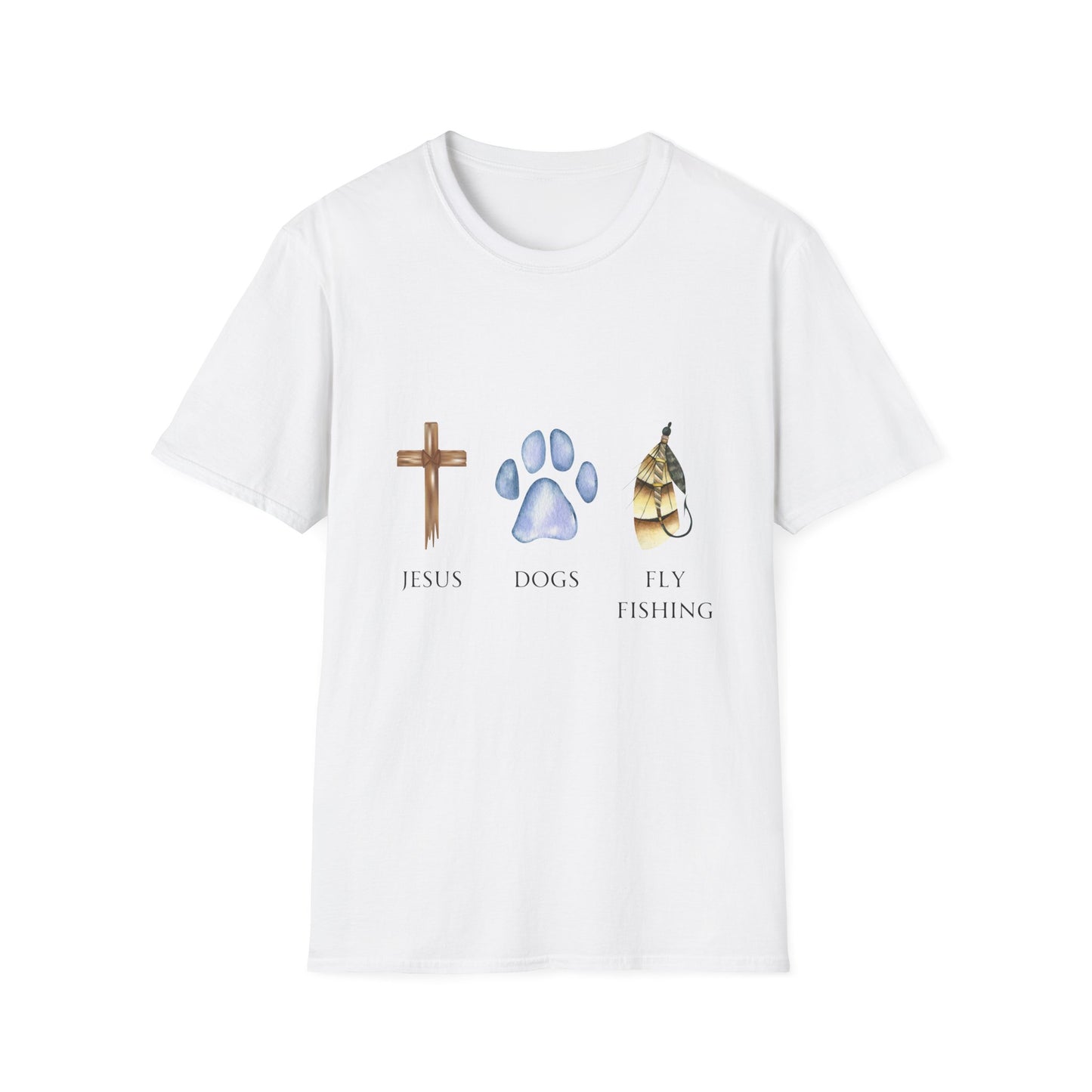 Jesus, Dogs & Fly Fishing Unisex T-Shirt, Christian Dog Lover Shirt, Faith & Dogs Graphic Tee, Gift for Dog Moms & Dog Dads