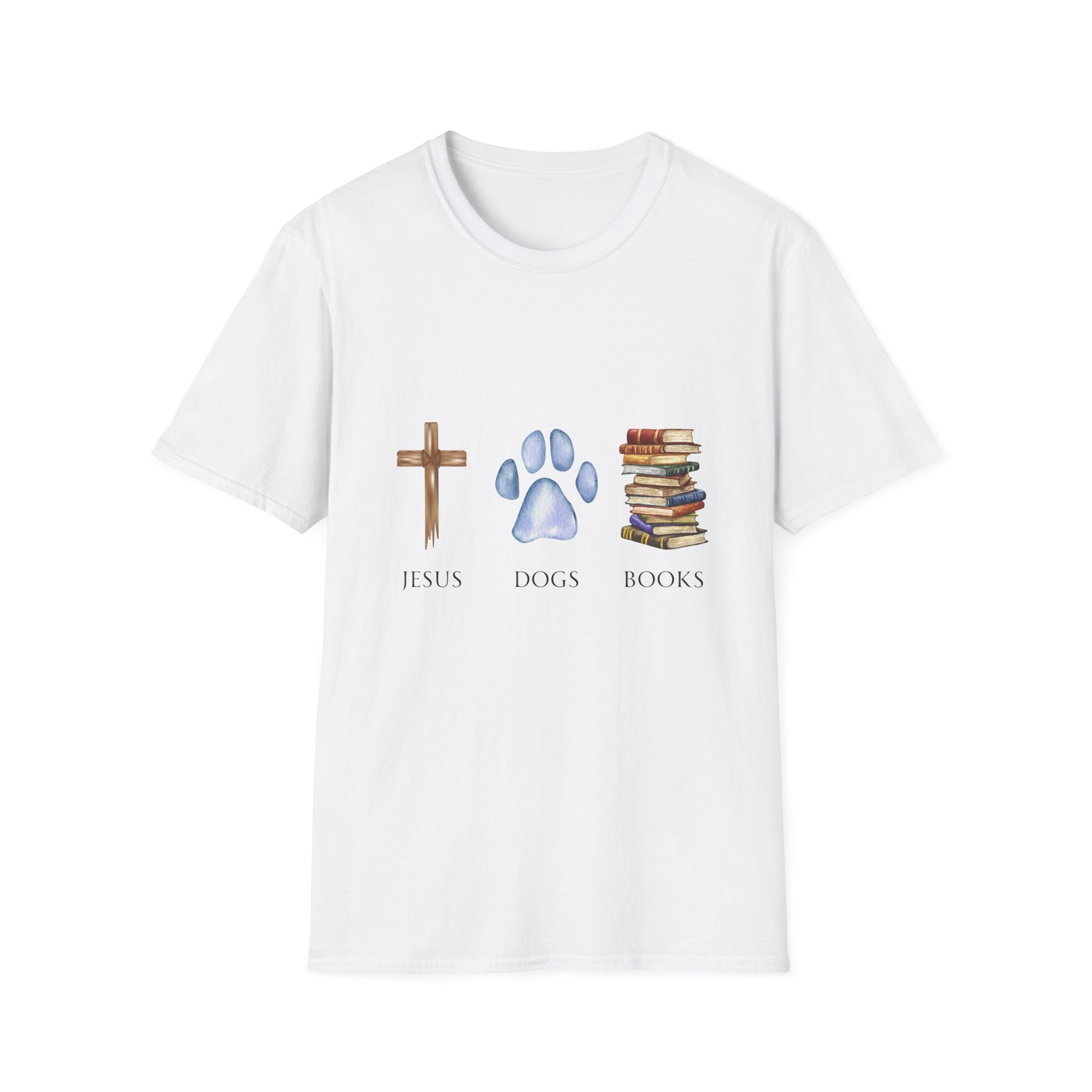 A person wearing a gray unisex t-shirt with graphics of a cross, a dog paw, and a stack of books, standing in a library setting.