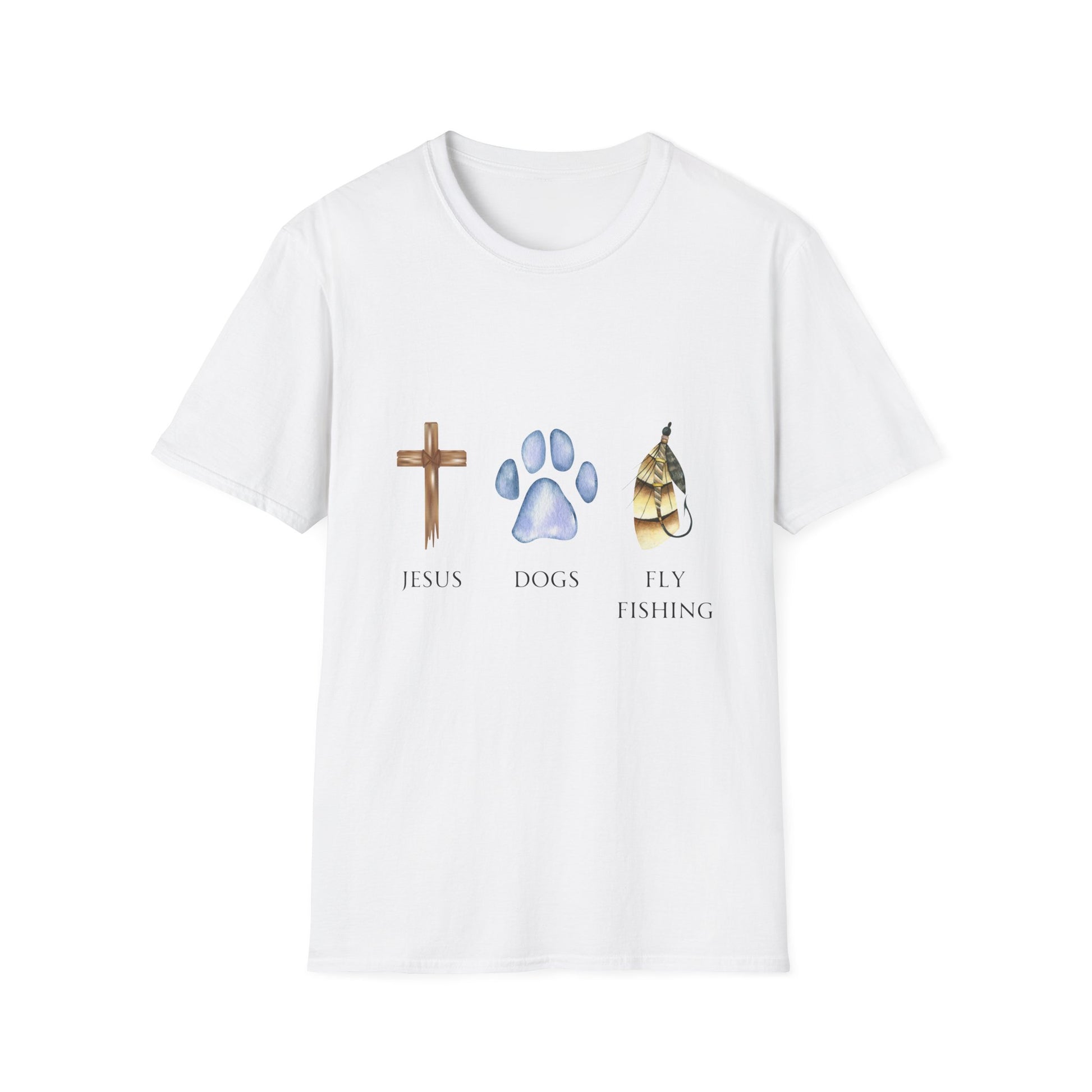 A man wearing a gray unisex t-shirt with graphics of a cross, a dog paw, and a fishing fly, standing by a river with fishing equipment.