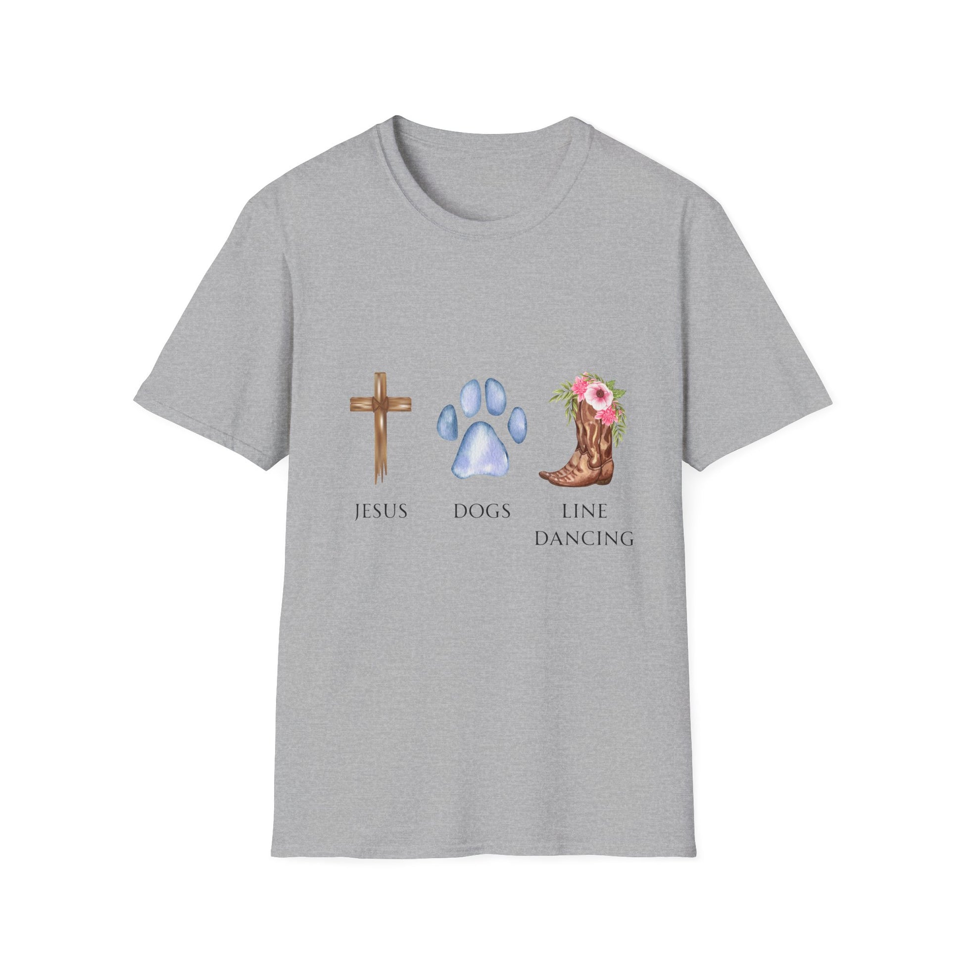 A woman wearing a light blue unisex t-shirt with text and graphics related to Jesus, dogs, and line dancing.