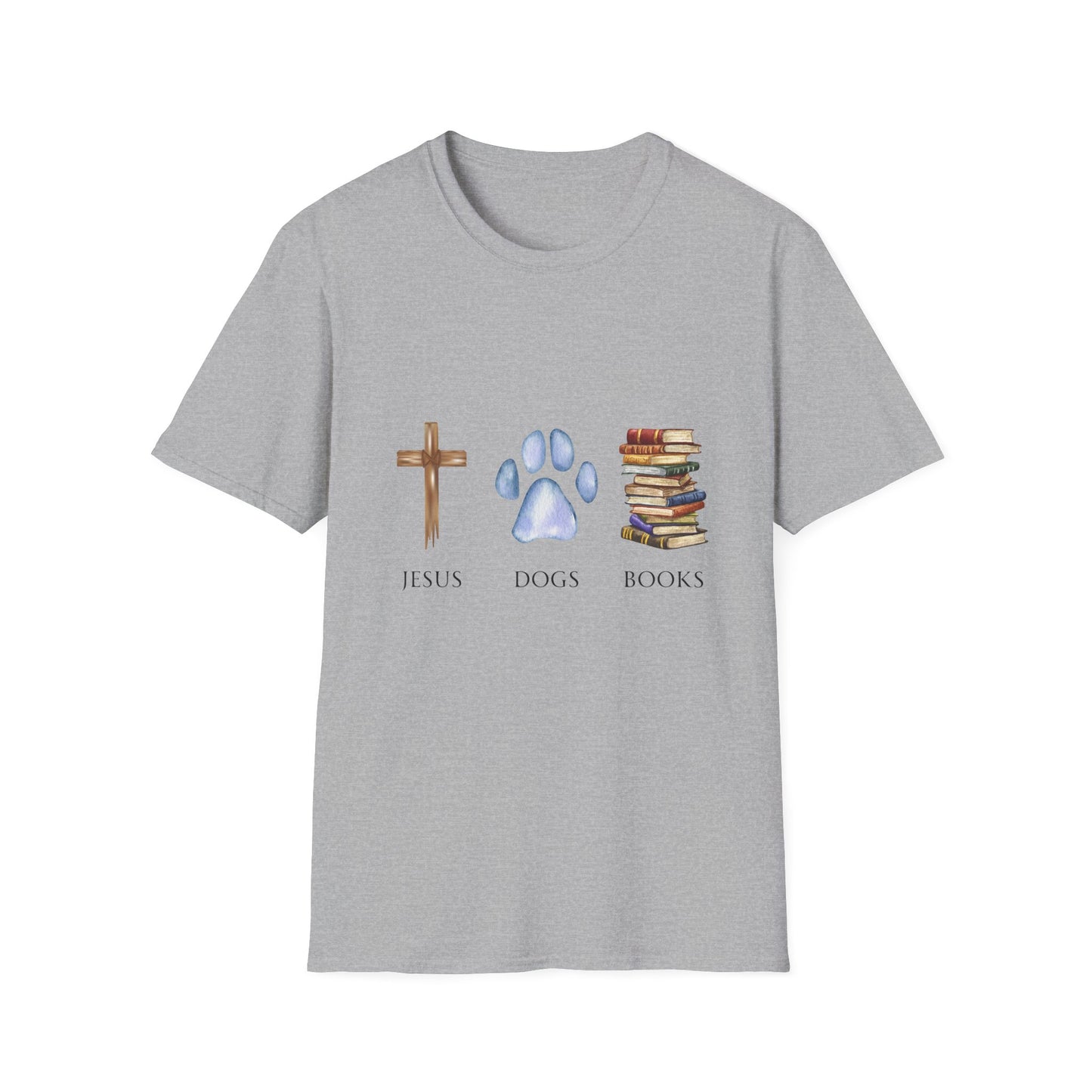 Jesus, Dogs & Books Unisex T-Shirt | Christian Dog Lover Shirt | Faith & Dogs Graphic Tee | Gift for Dog Moms & Dog Dads