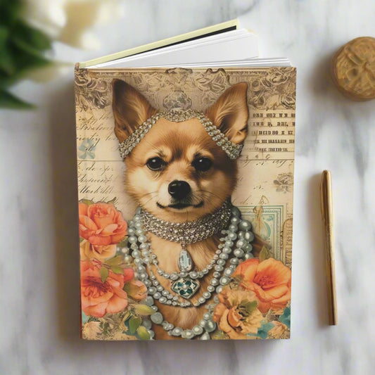 Hardcover journal with a dog wearing jewelry