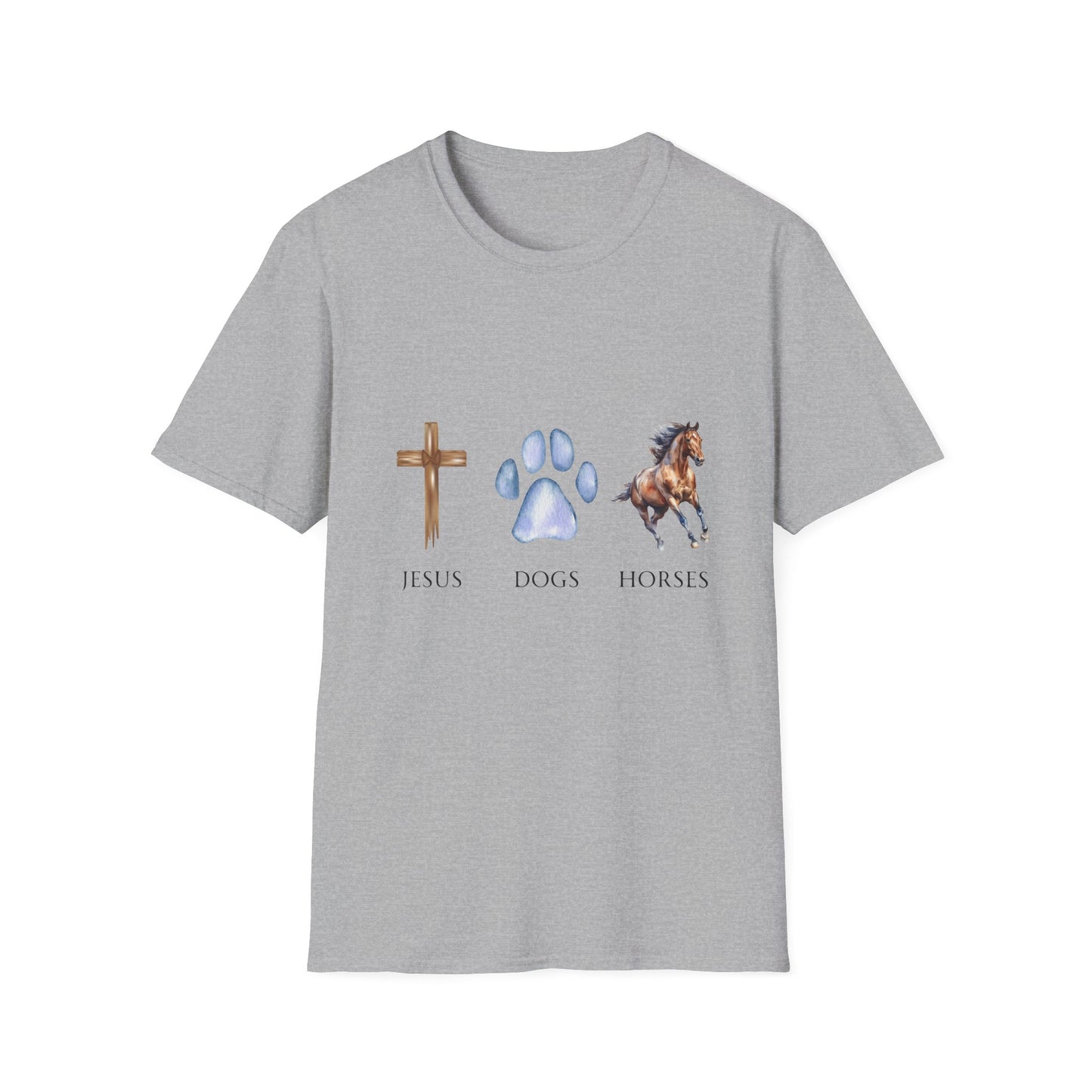 Jesus, Dogs & Horses Unisex T-Shirt, Christian Dog Lover Shirt, Faith & Dogs Graphic Tee, Gift for Dog Moms & Dog Dads