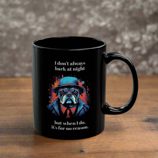 Black mug with a dog graphic and text
