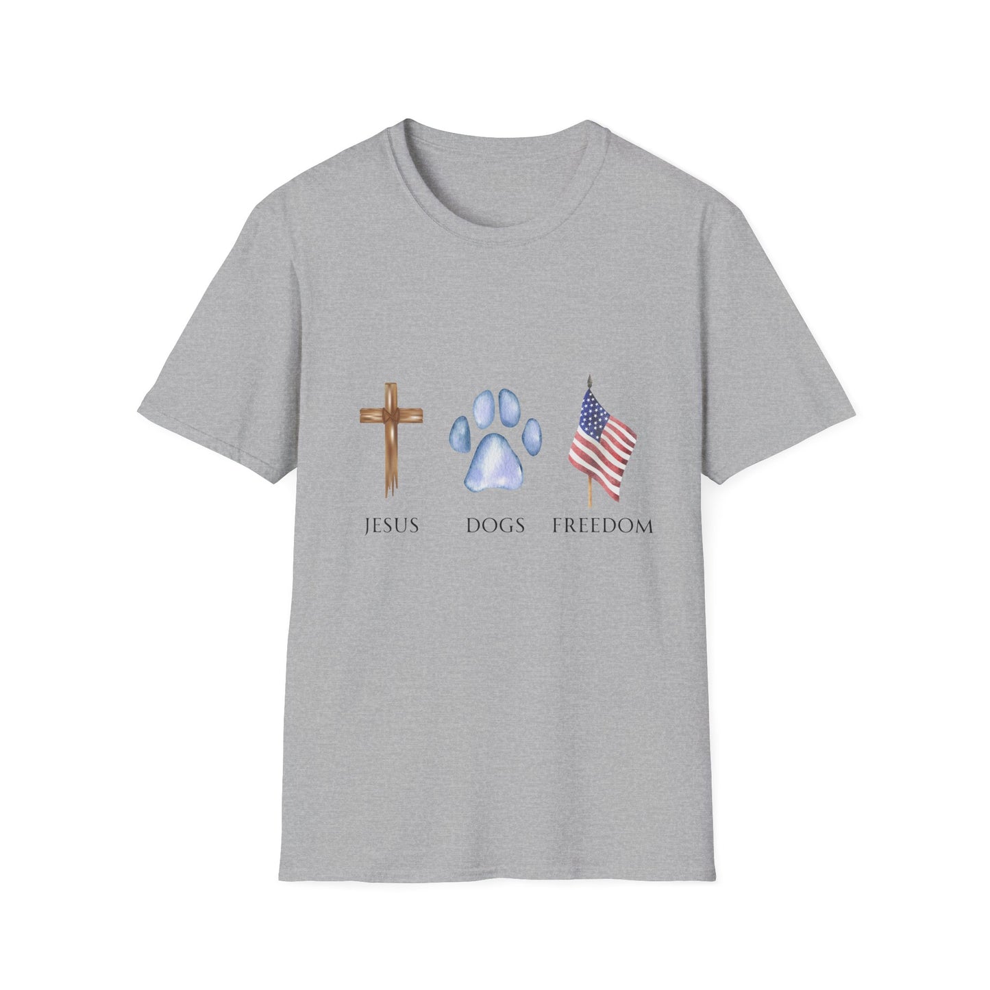 Jesus, Dogs & Freedom Unisex T-Shirt, Christian Dog Lover Shirt, Faith & Dogs Graphic Tee, Gift for Dog Moms & Dog Dads
