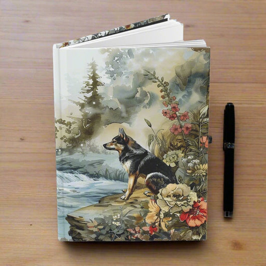 Journal Notebook with dog sitting by river.