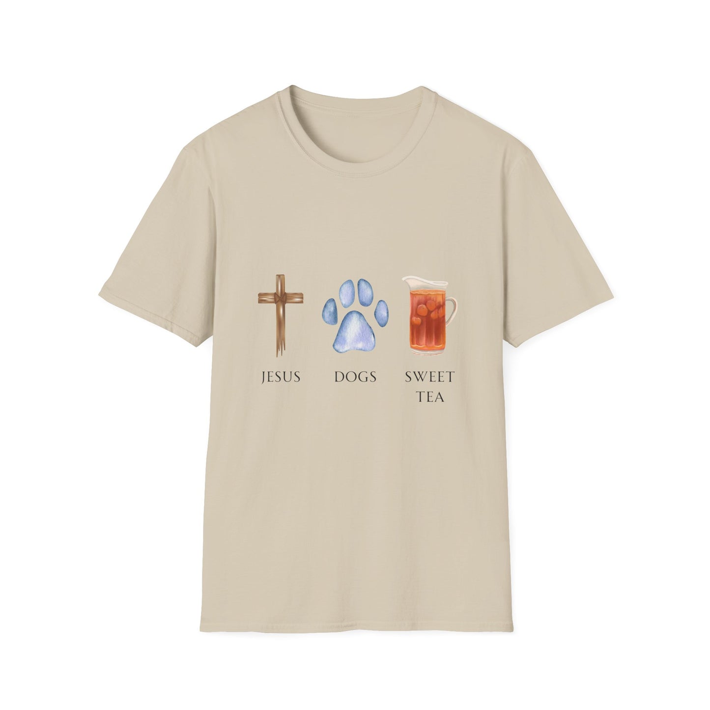 Jesus, Dogs & Sweet Tea Unisex T-Shirt, Christian Dog Lover Shirt, Faith & Dogs Graphic Tee, Gift for Dog Moms & Dog Dads