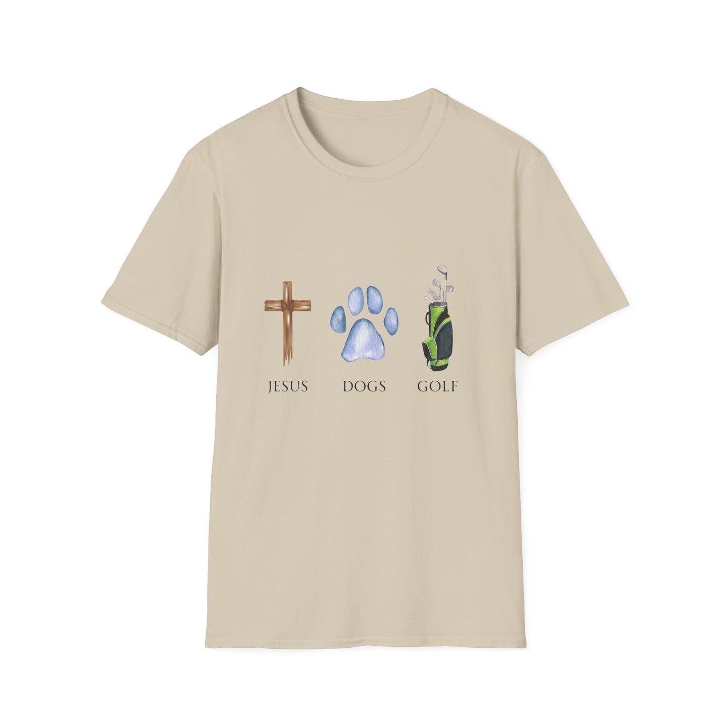 Jesus, Dogs & Golf Unisex T-Shirt, Christian Dog Lover Shirt, Faith & Dogs Graphic Tee, Gift for Dog Moms & Dog Dads