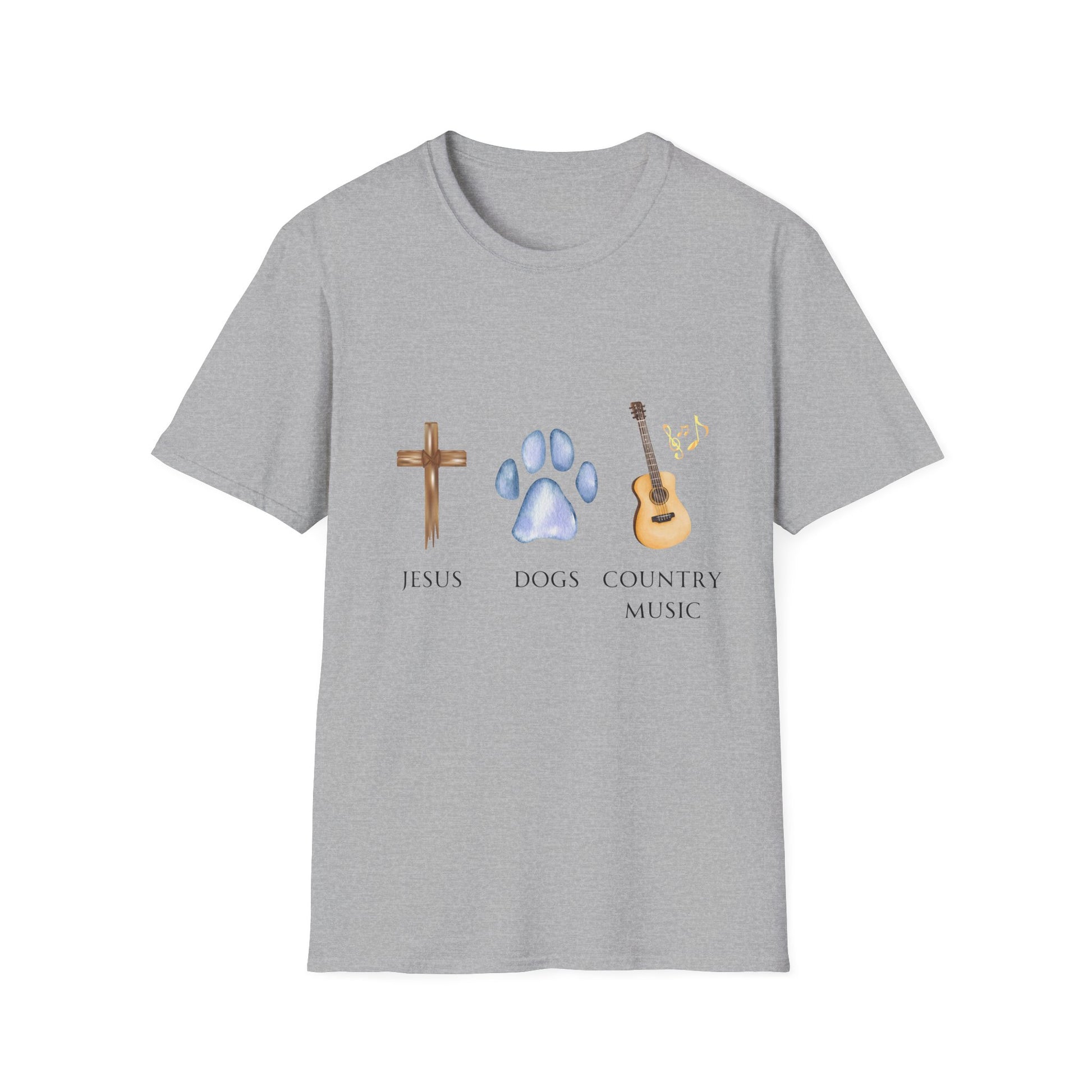 A woman wearing a gray t-shirt with the text 'Jesus, Dogs, Country Music' and graphic images of a cross, a paw print, and a guitar.