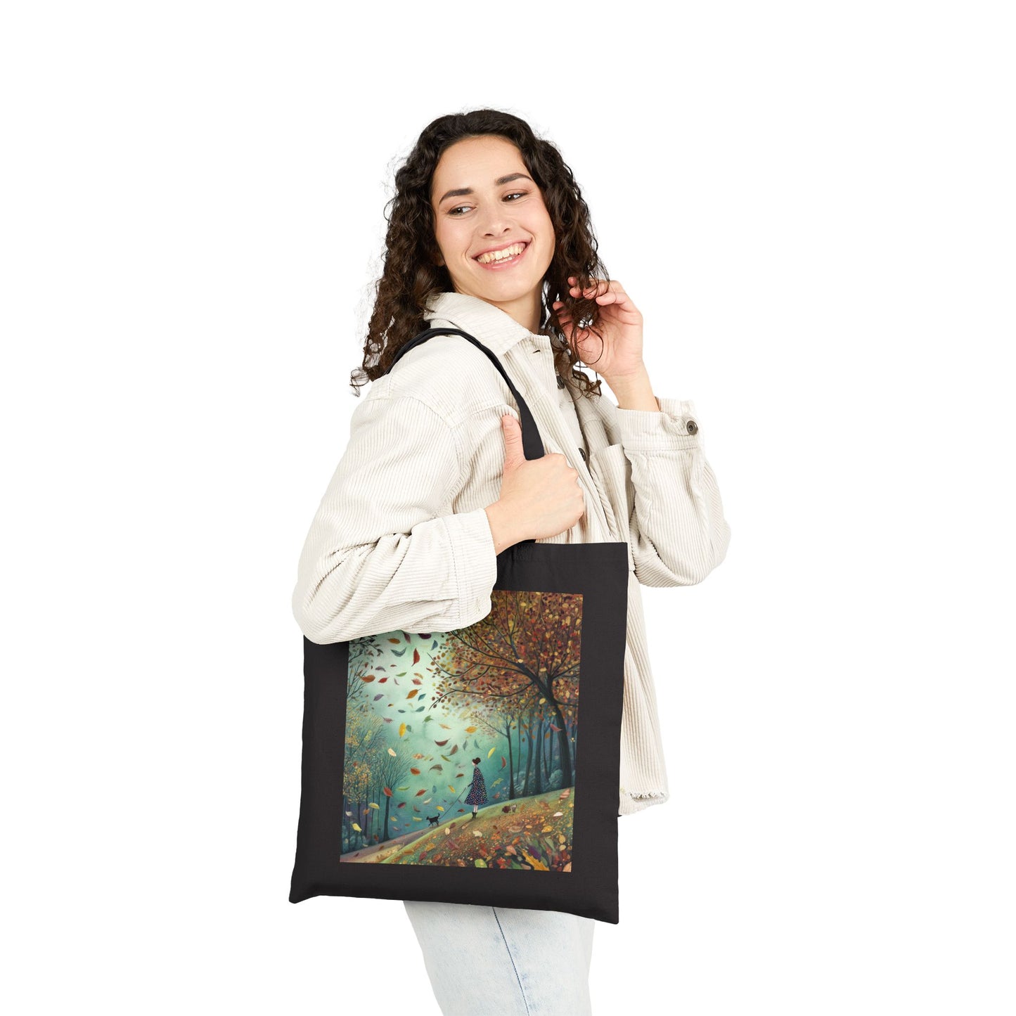 Autumn Serenity Tote Bag, Whimsical Windy Day with Girl & Dog, Fall Forest Illustration Carryall, Cozy Seasonal Market Bag
