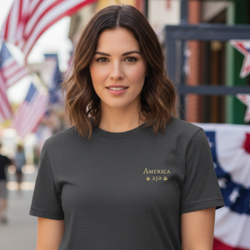 Dark Heather Grey t-shirt with 'America 250' graphic on a patriotic background