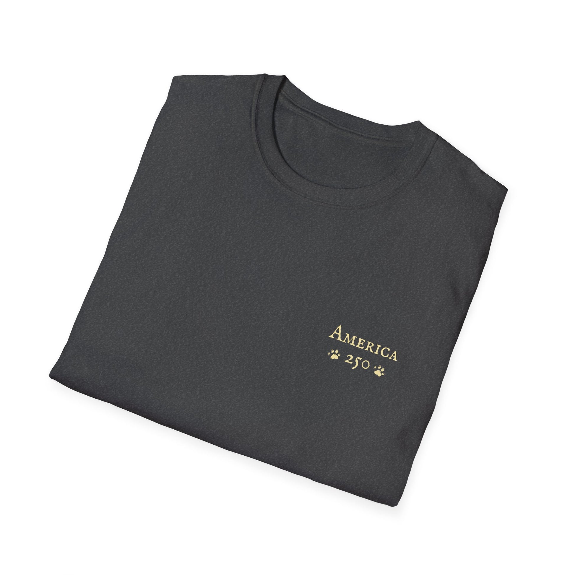 Folded dark heather grey t-shirt with 'America 250' text on a white background