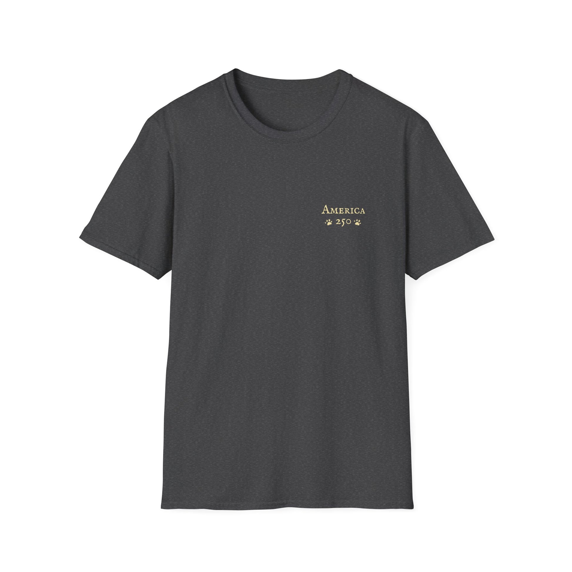 Dark Heather Grey t-shirt with 'America 250' graphic on a white background
