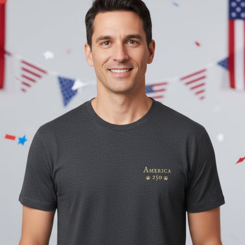 Dark heather grey t-shirt with 'America 250' graphic on a patriotic background