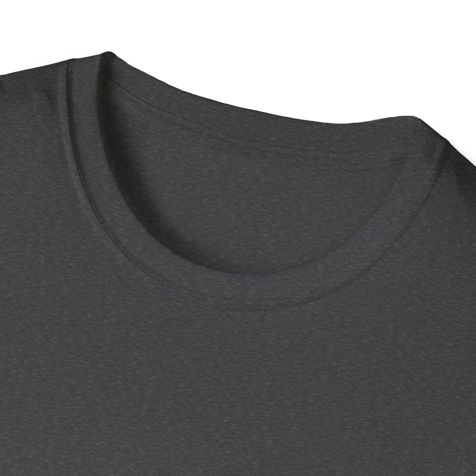 Close-up of a dark grey heather t-shirt with a logo on a white background