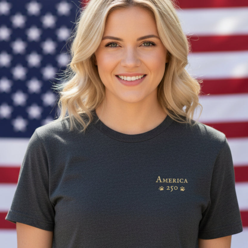 Dark Heather Grey t-shirt with 'America 250' graphic on a patriotic background