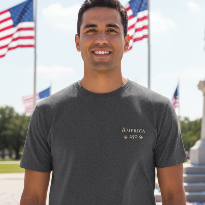 Dark heather grey t-shirt with 'America 250' graphic on a patriotic background