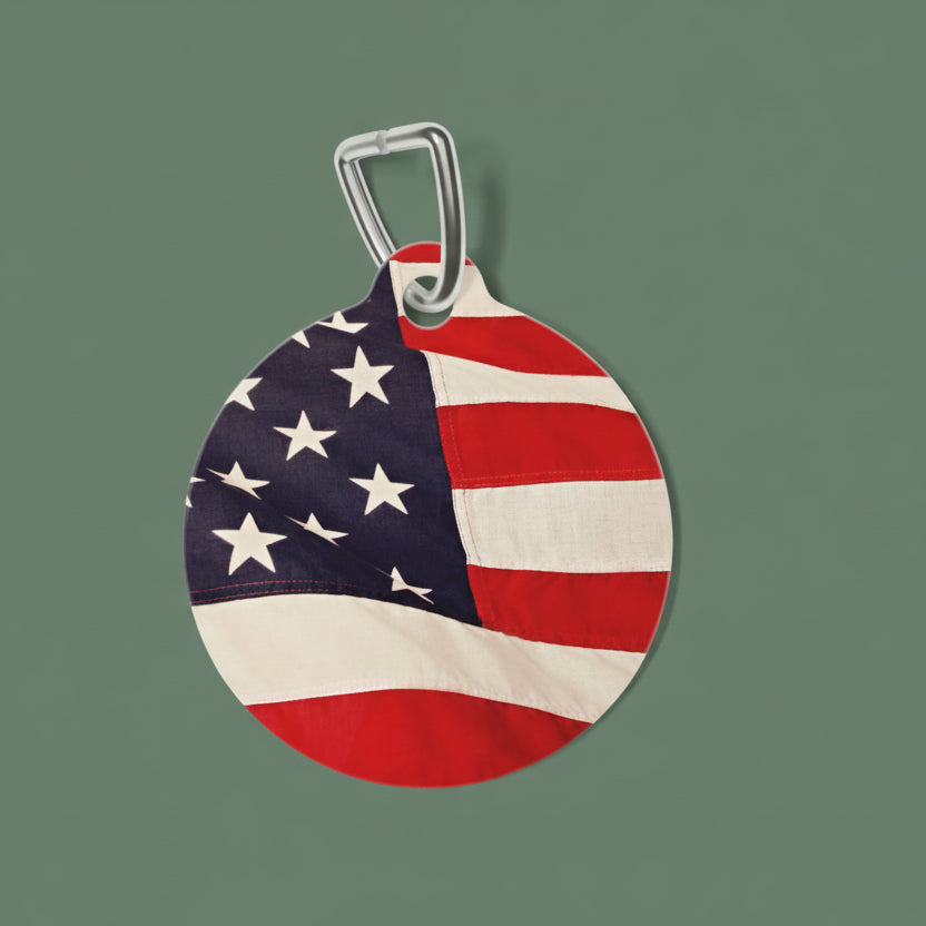 Round tag with American flag design on a white background
