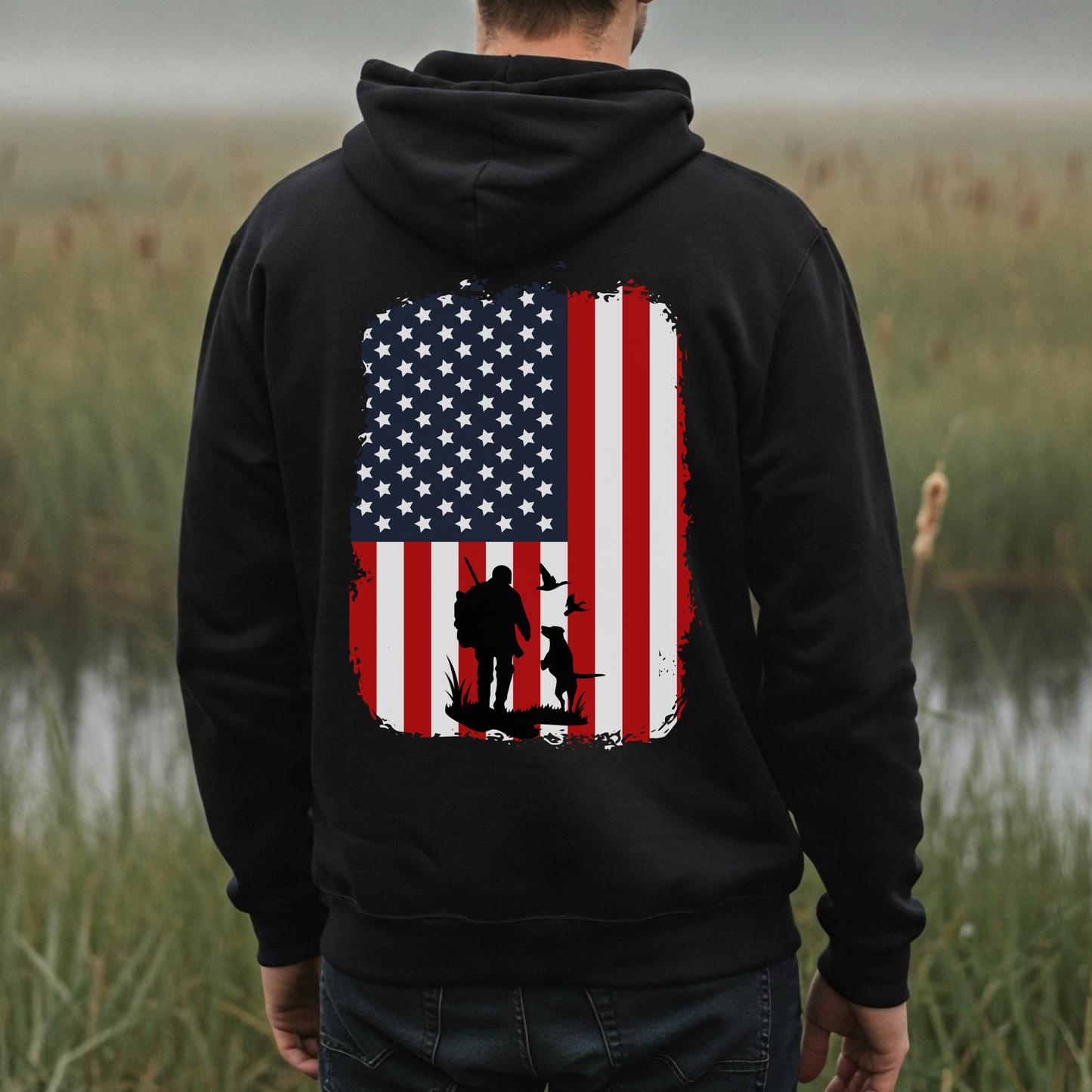 American Flag Hoodie with Duck Hunter and Duck Dog