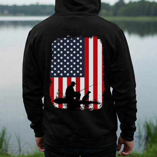 American Flag Hoodie with Fisherman and Dog
