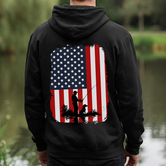 American Flag Hoodie with Fisherman and Dog