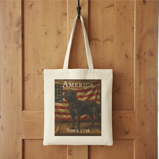 Tote bag with American flag and Black Lab design on a white background