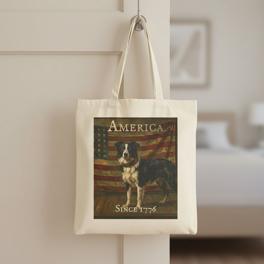 Tote bag with a Border Collie and American flag design on a white background