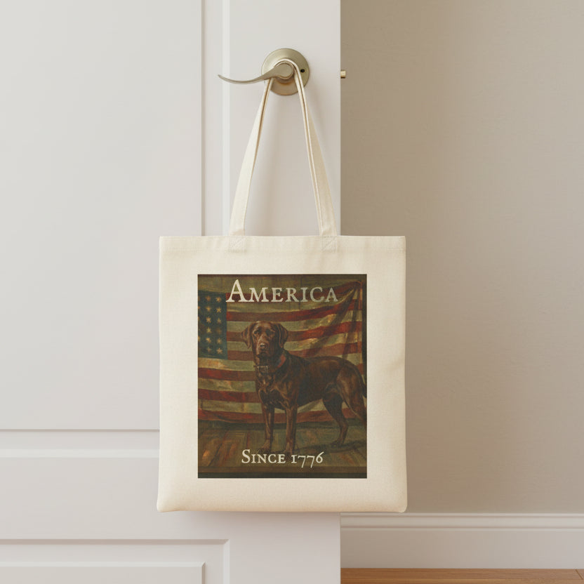 Tote bag with a Chocolate Labrador Retriever and American flag design on a white background